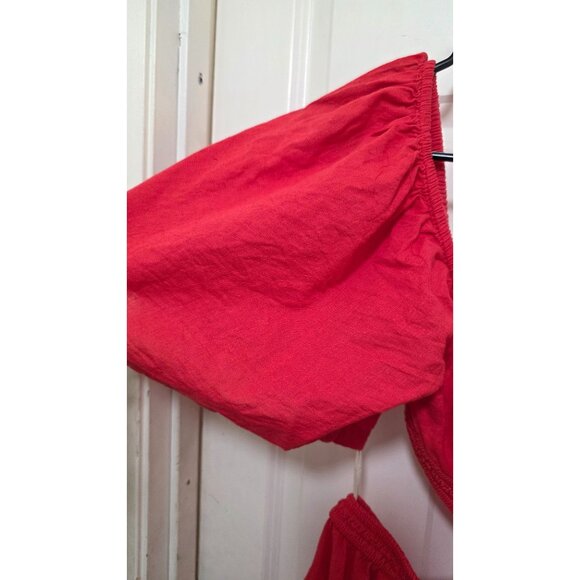 Free People Red Cross Of Sunlight Beach Tiered Mini Dress Puff Sleeves & Smocked - Picture 3 of 6